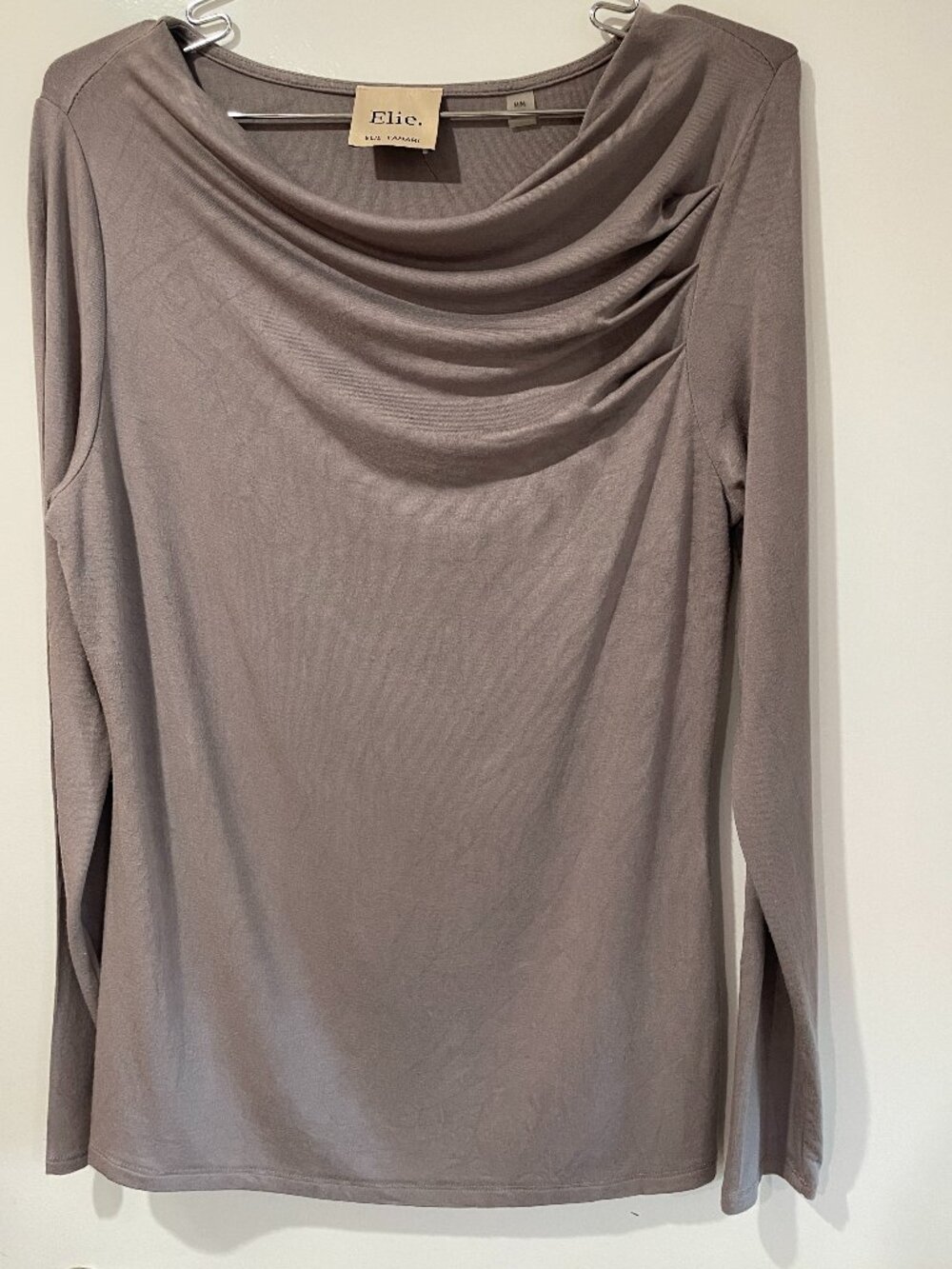 Elie Tahari Long-sleeve Top, Drape Cowl Neck, Taupe, Medium.